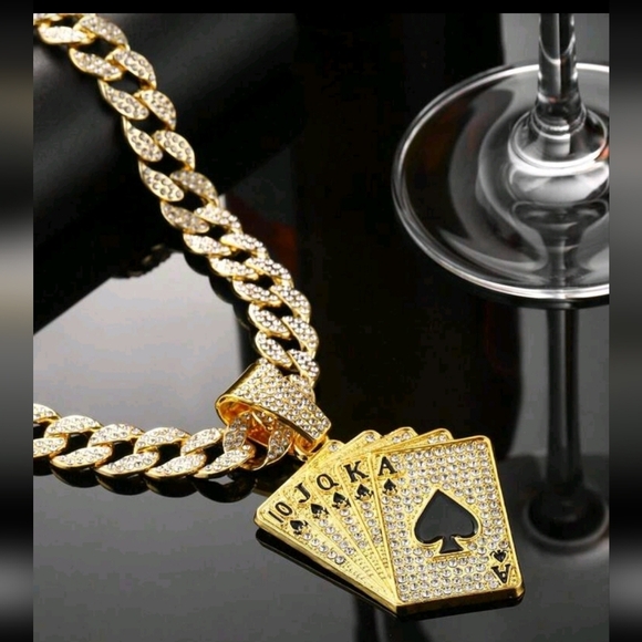 Hip Hop Iced Out Fully Rhinestone Gold Card Pendant & Cuban Chain Necklace 18" - Picture 6 of 13
